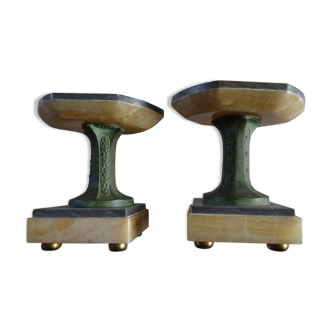 pair of marble cassolettes on 4 feet ball and metal? skated green art deco engraved FRANCE
