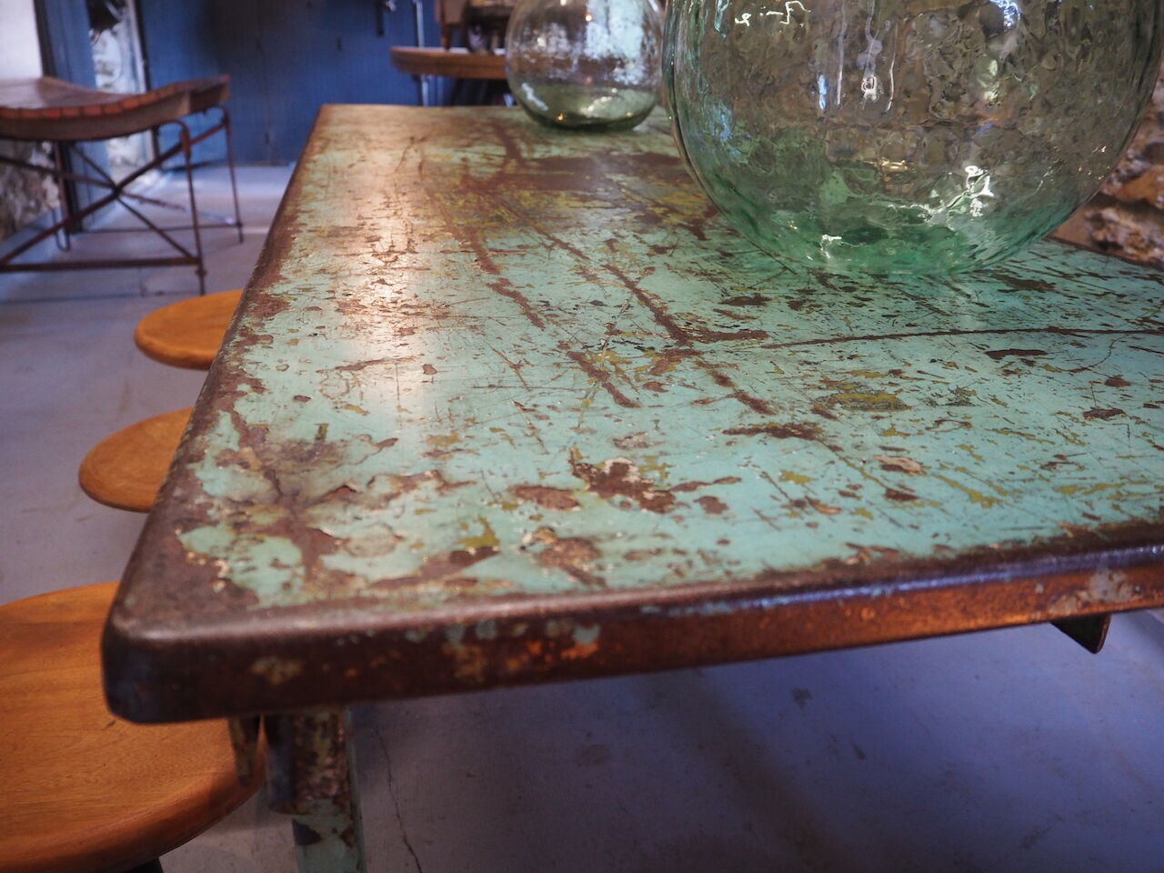 Green patinated metal workshop table 1950