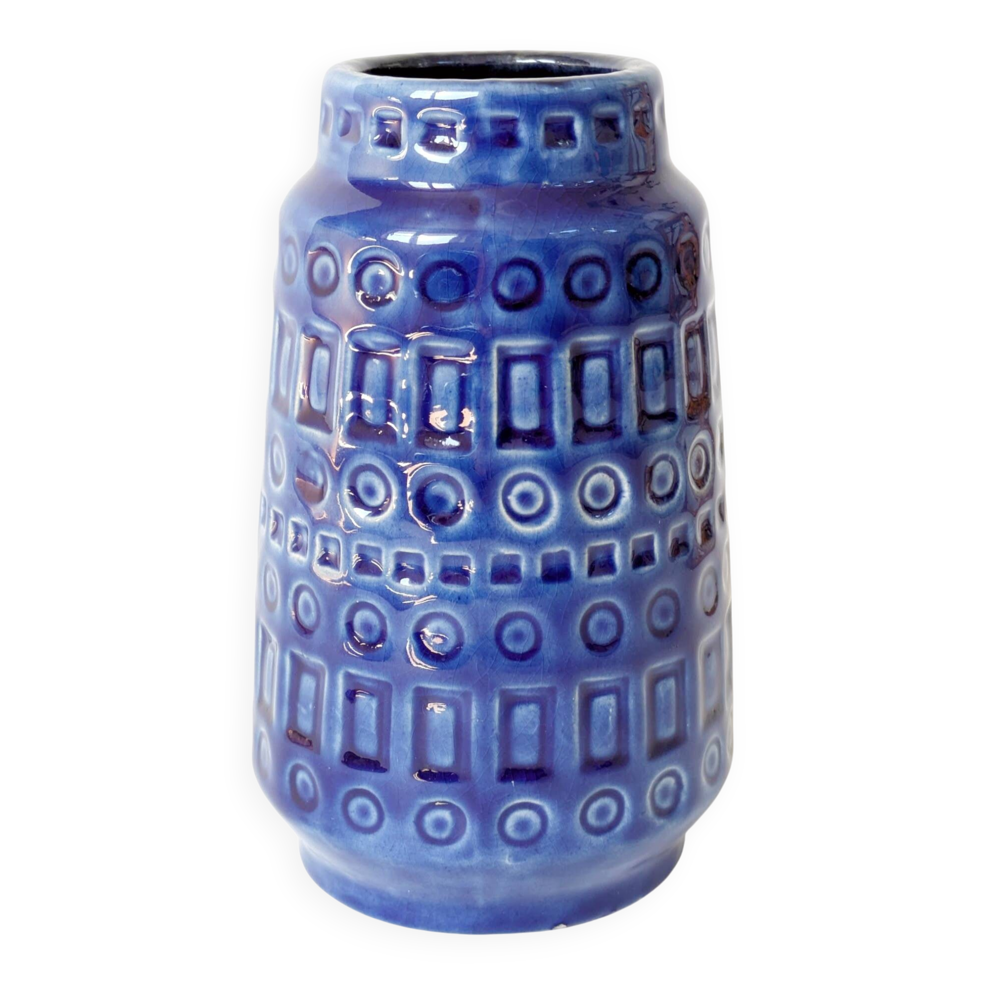 Vintage Scheurich Inka Vase, Blue Ceramic, West Germany