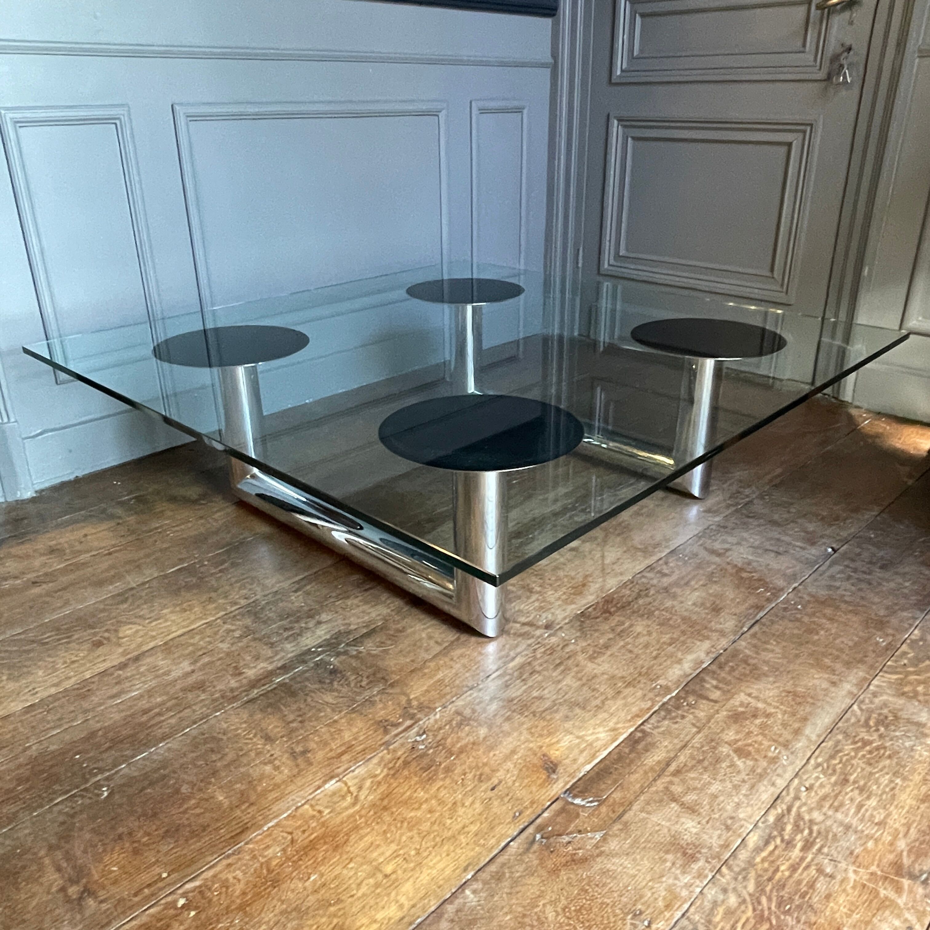 Large square coffee or coffee table in chromed steel, Italian design, ca 1970