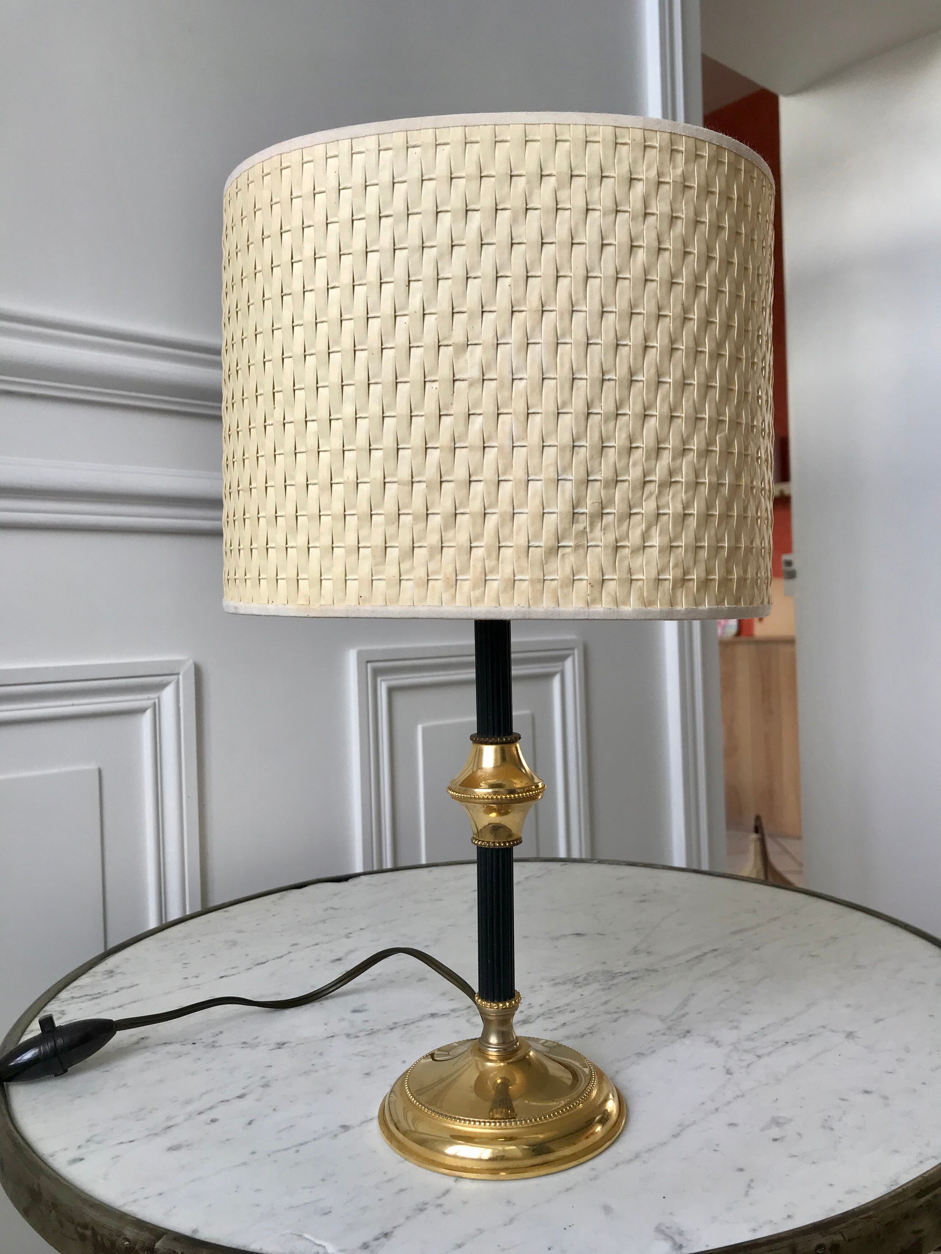 Brass and black metal lamp with woven lampshade woven 50s