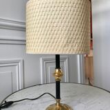 Brass and black metal lamp with woven lampshade woven 50s