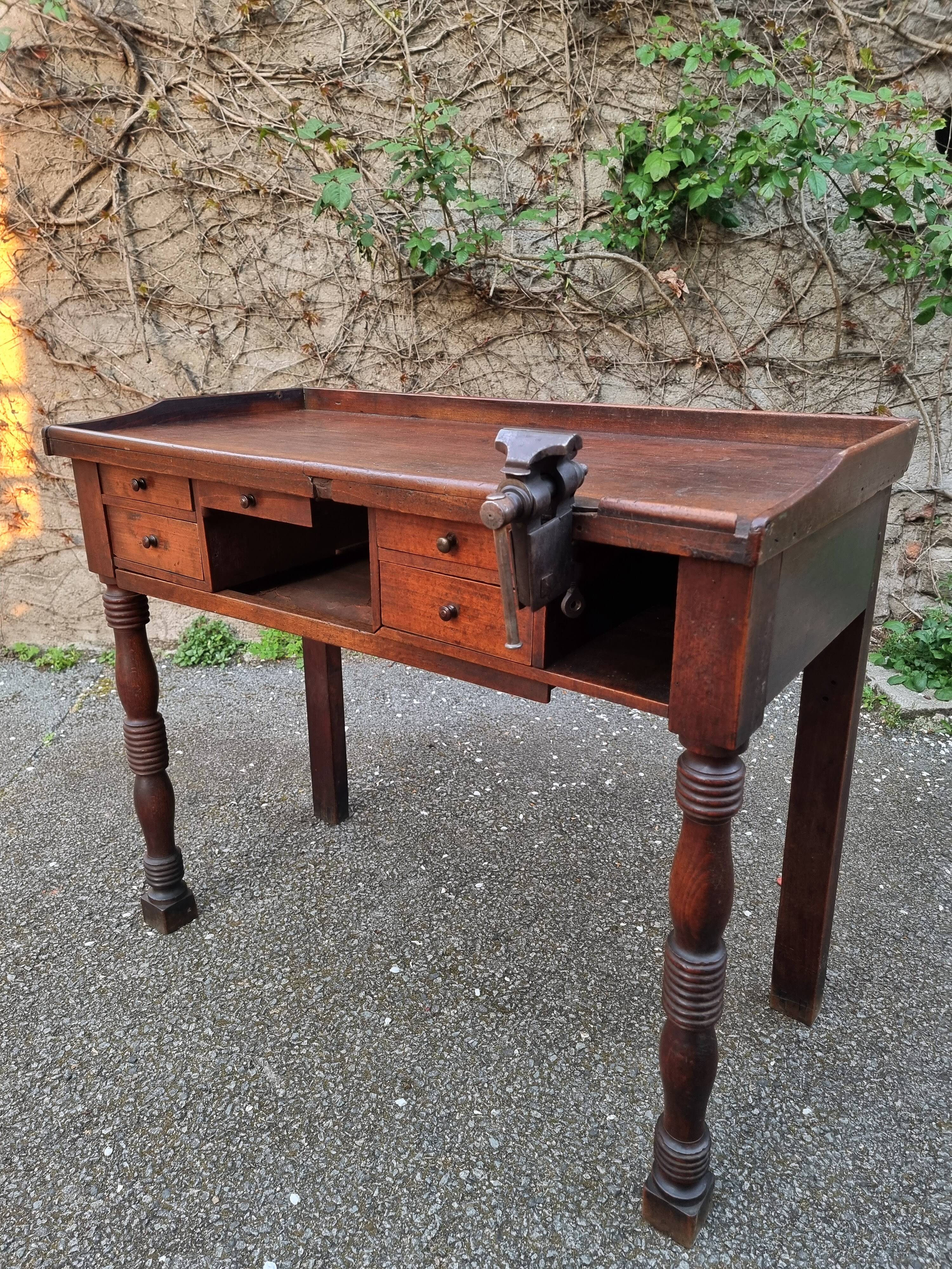 French antique watchmaker's bench – Table with drawers, vice, and original sliding leather surface – circa 1900