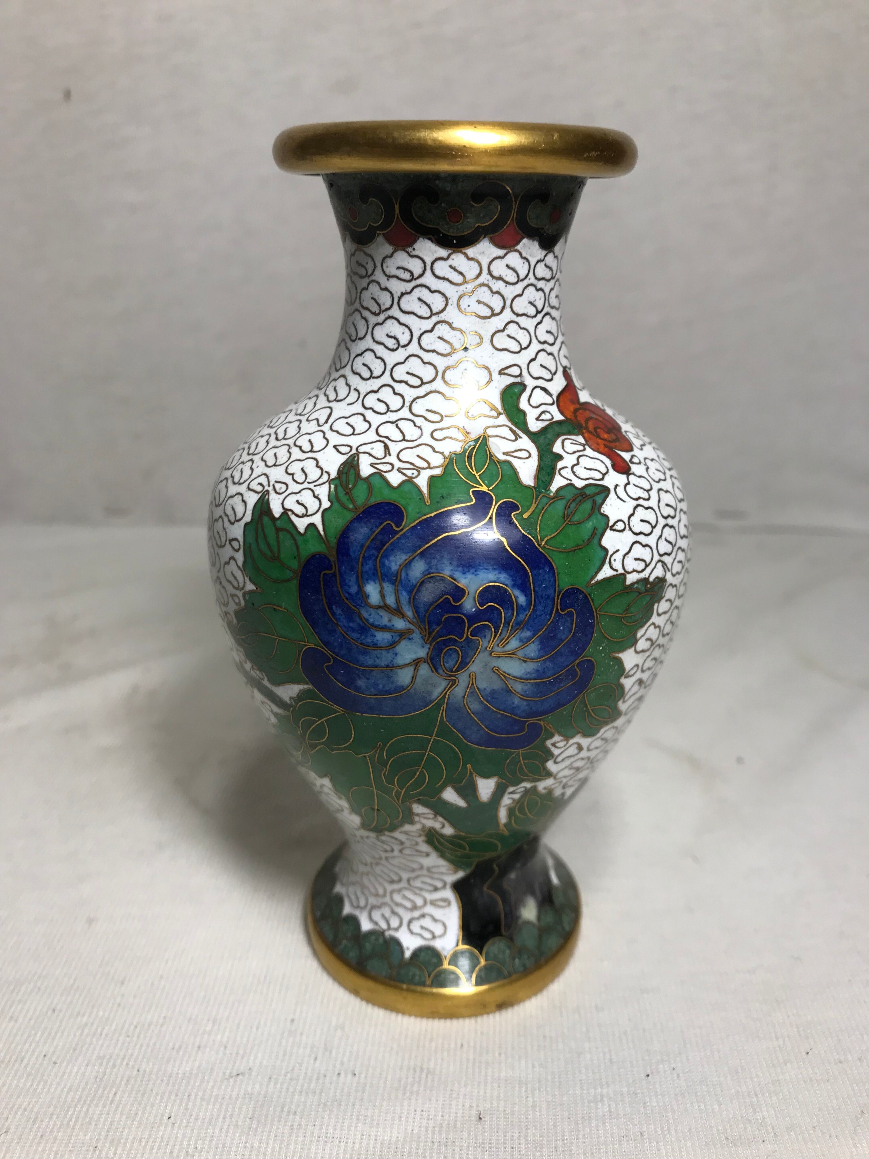 Vase cloisonné laiton dessins fleurs émaillés décoration vintage #2