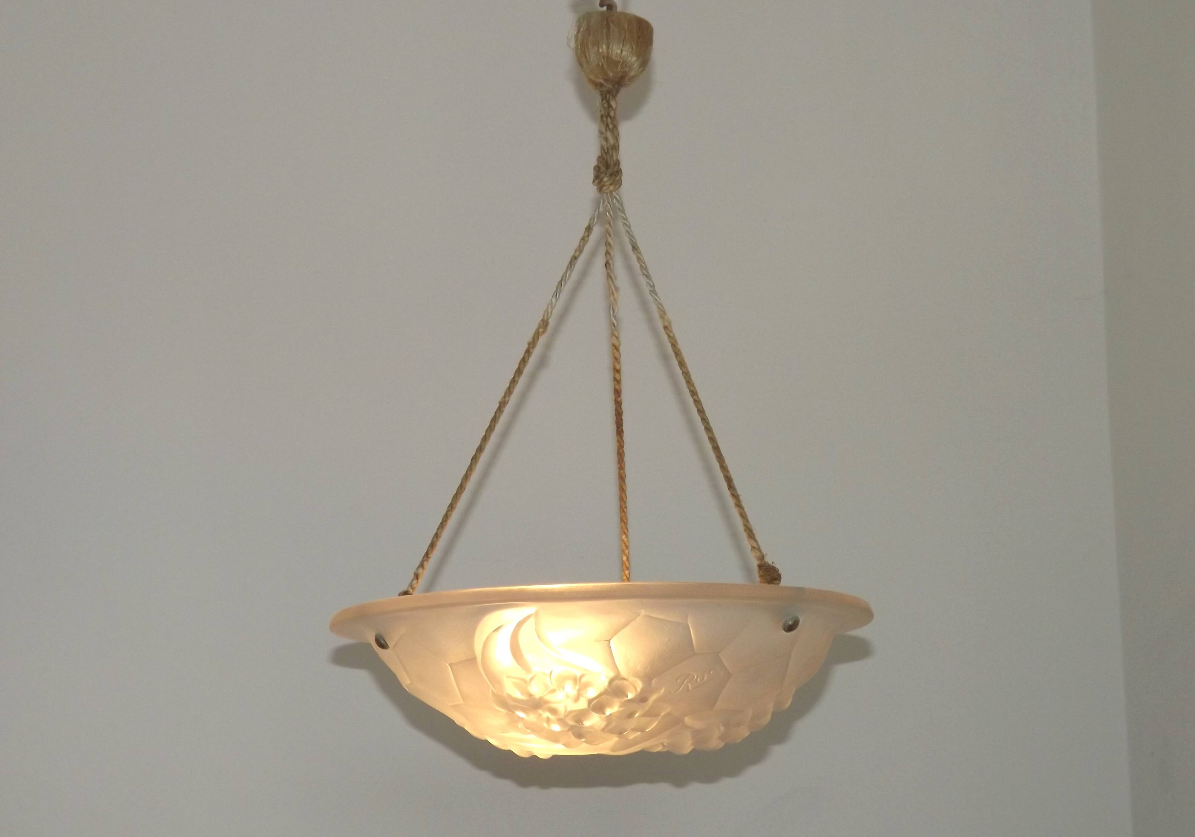 French Art Deco Ceiling Light ROS Degue Frosted Molded Glass Plafonnier