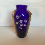 Ancien vase en verre bleu et or motif de fleurs