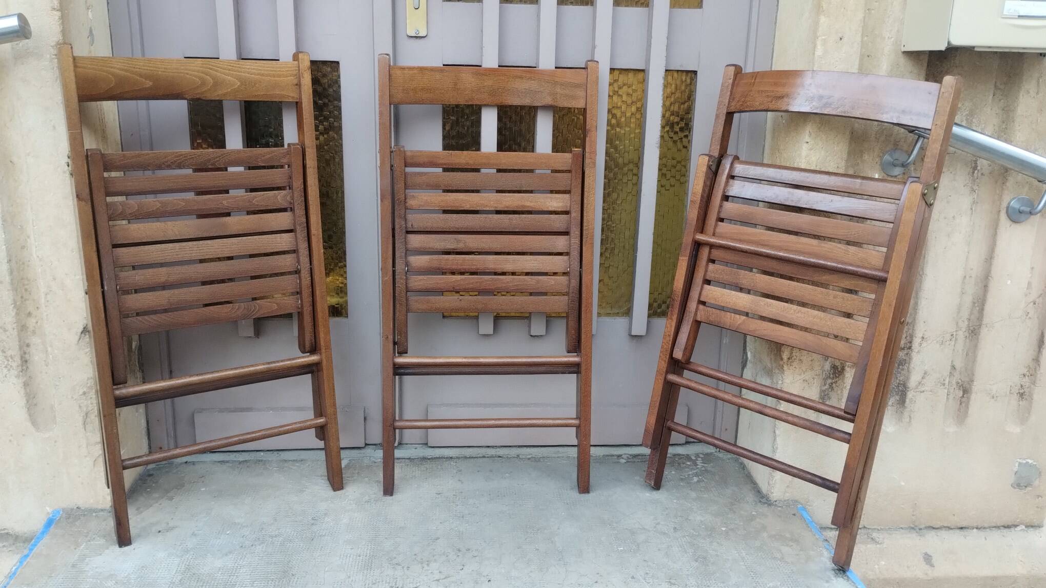 Set of 3 vintage solid wood folding chairs