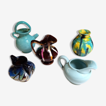 Set of 5 multicolored ceramic milk pots, vintage, sarreguemines