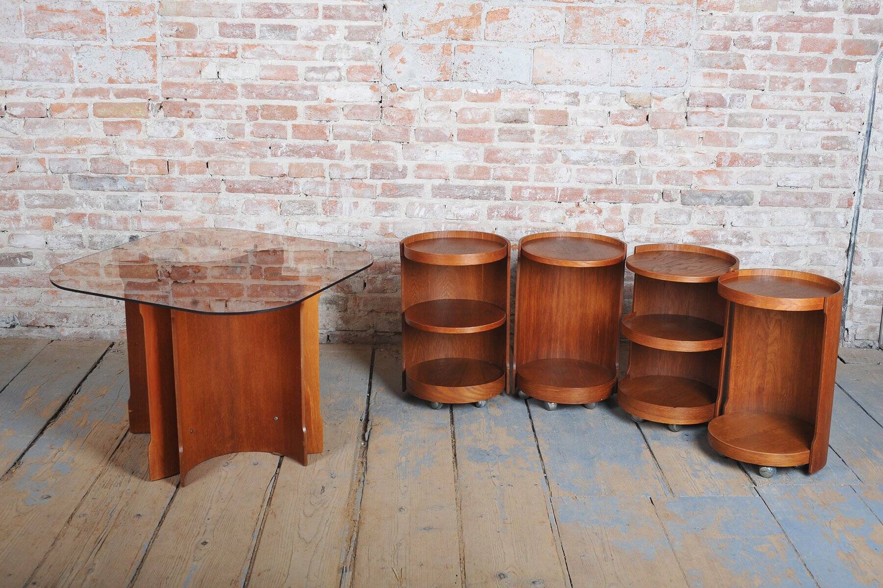 Mid-Century Modern Nesting Table in Oak and Smoked Glass, Czech, 1960s, Set of 5