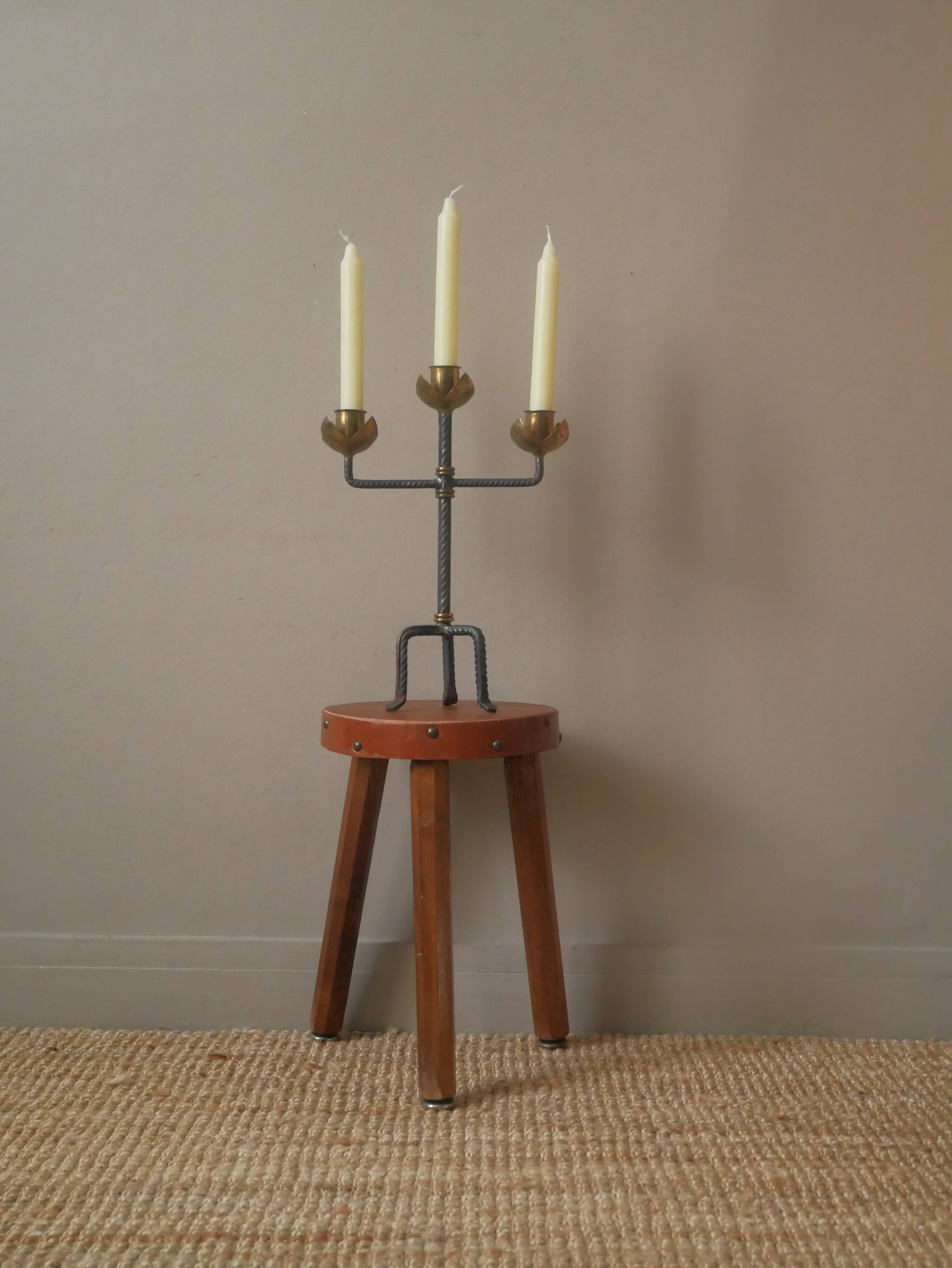 Candlestick with three branches wrought iron brass handcrafted unique piece candelabra candle holder