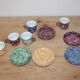 Set of 5 marbled porcelain coffee cups and saucers, hand-painted, with a gold rim.