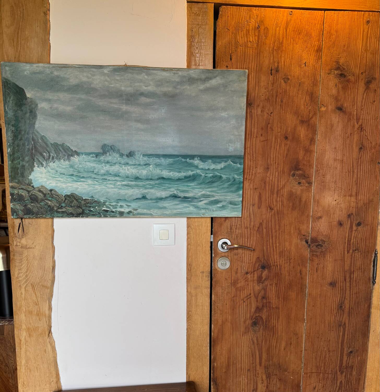 Ancient table, marine landscape, signed 20th century.