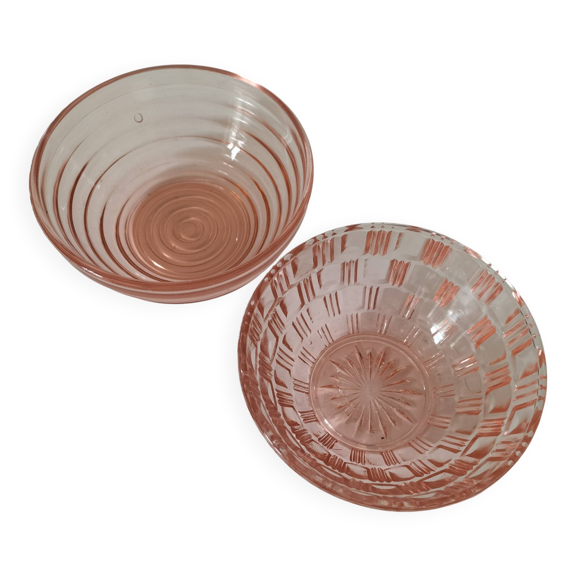 Duo of orange-pink pressed glass bowls