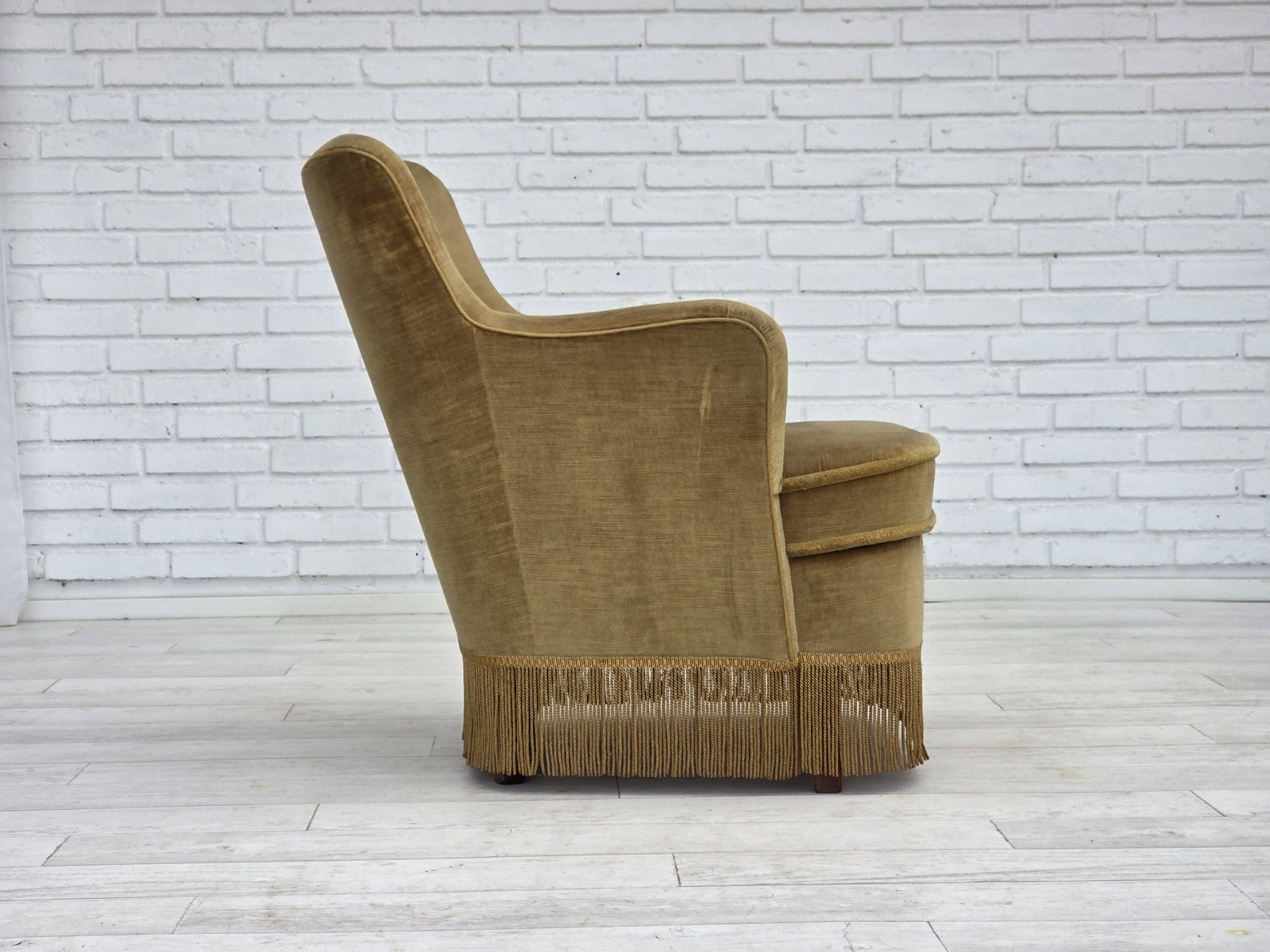 1970s, Danish lounge chair, light green furniture velour, beech wood.