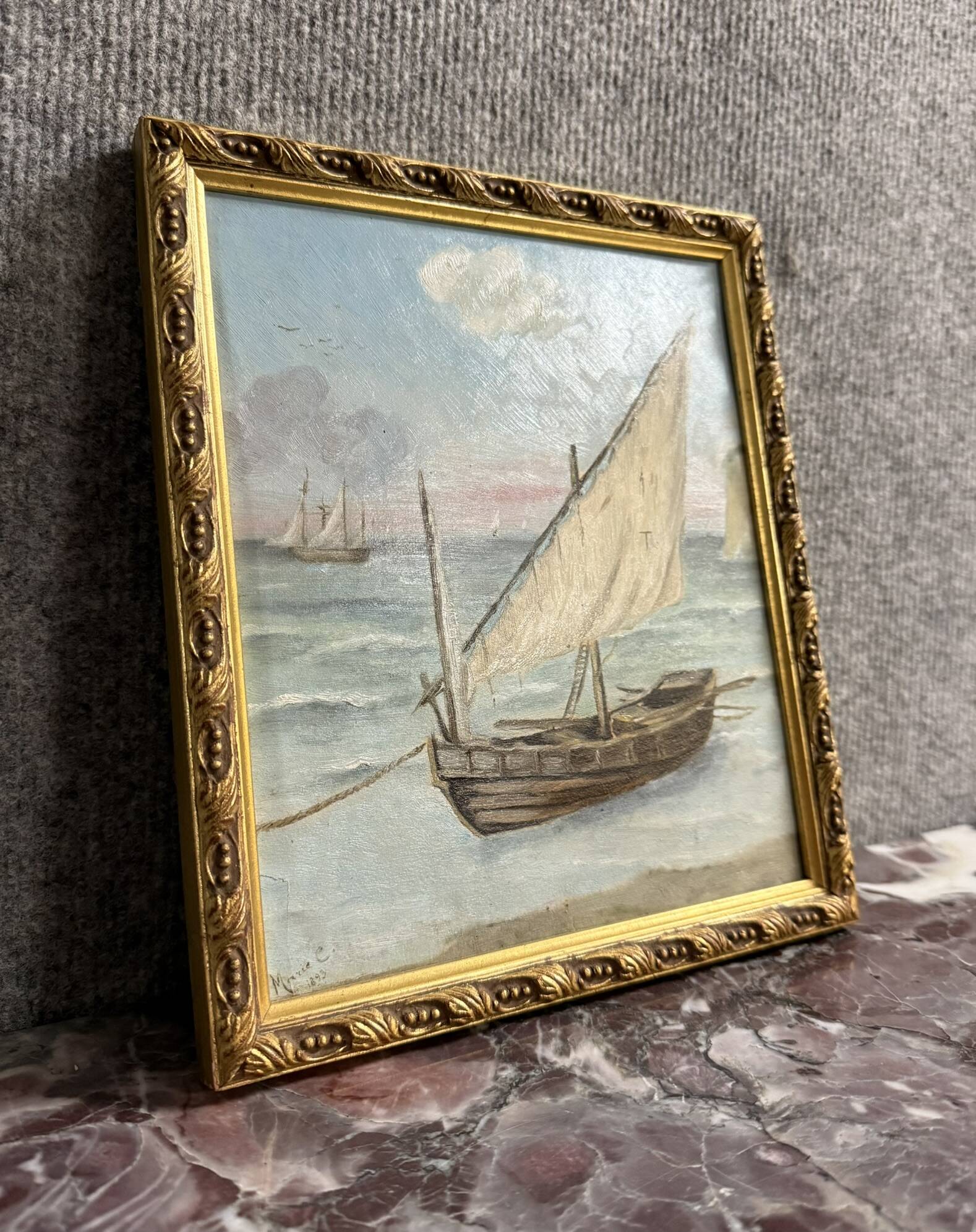 Marie C: oil painting on canvas, seascape with sailboat, Napoleon III period