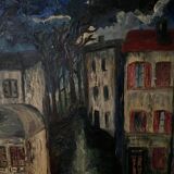 Huile sur panneau par Mick représentant une rue la nuit 1965