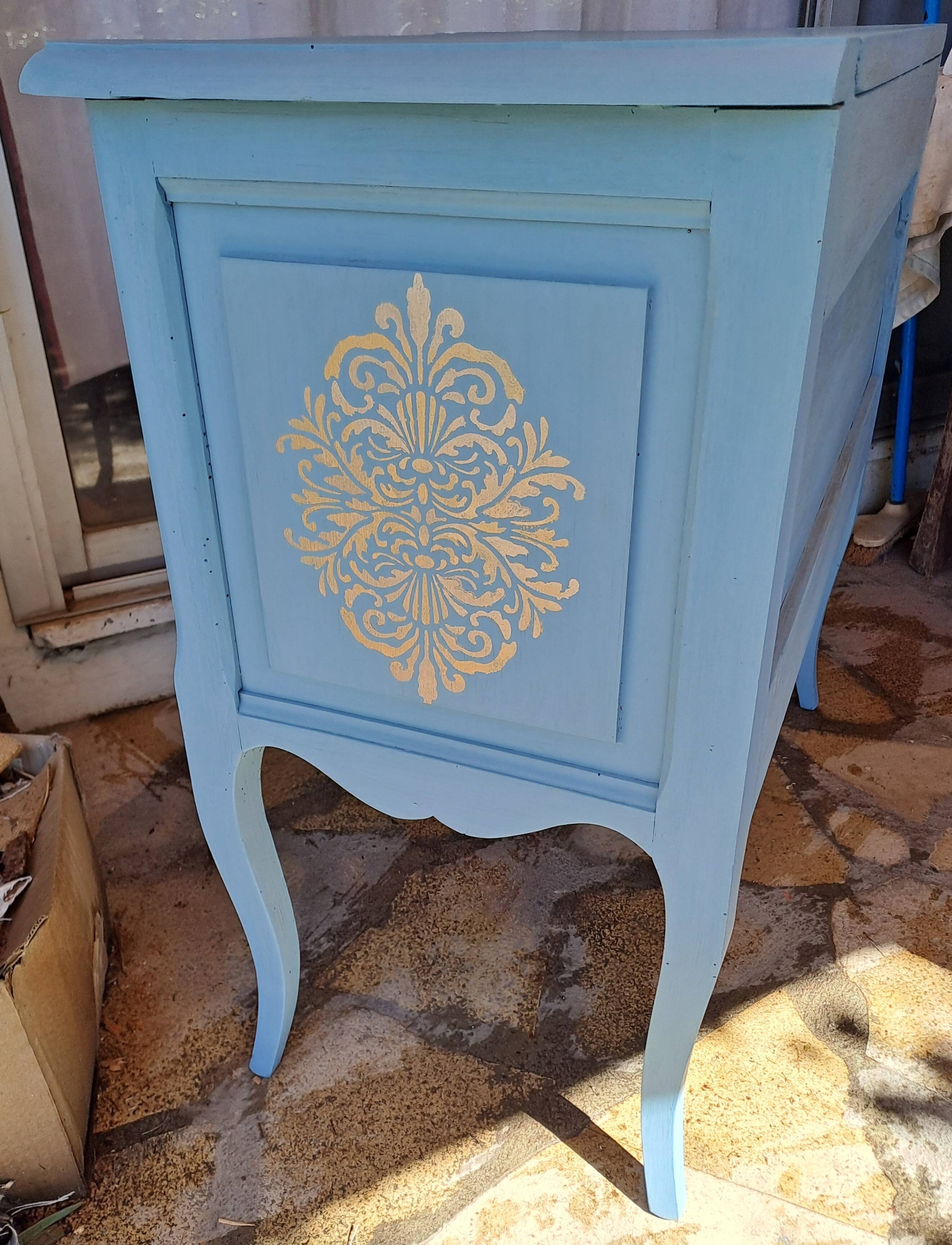 Louis XV style solid wood chest of drawers repainted in lagoon blue with 2 drawers