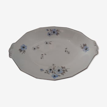 Oval white porcelain dish with blue and black anemones pattern