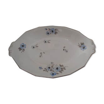 Oval white porcelain dish with blue and black anemones pattern