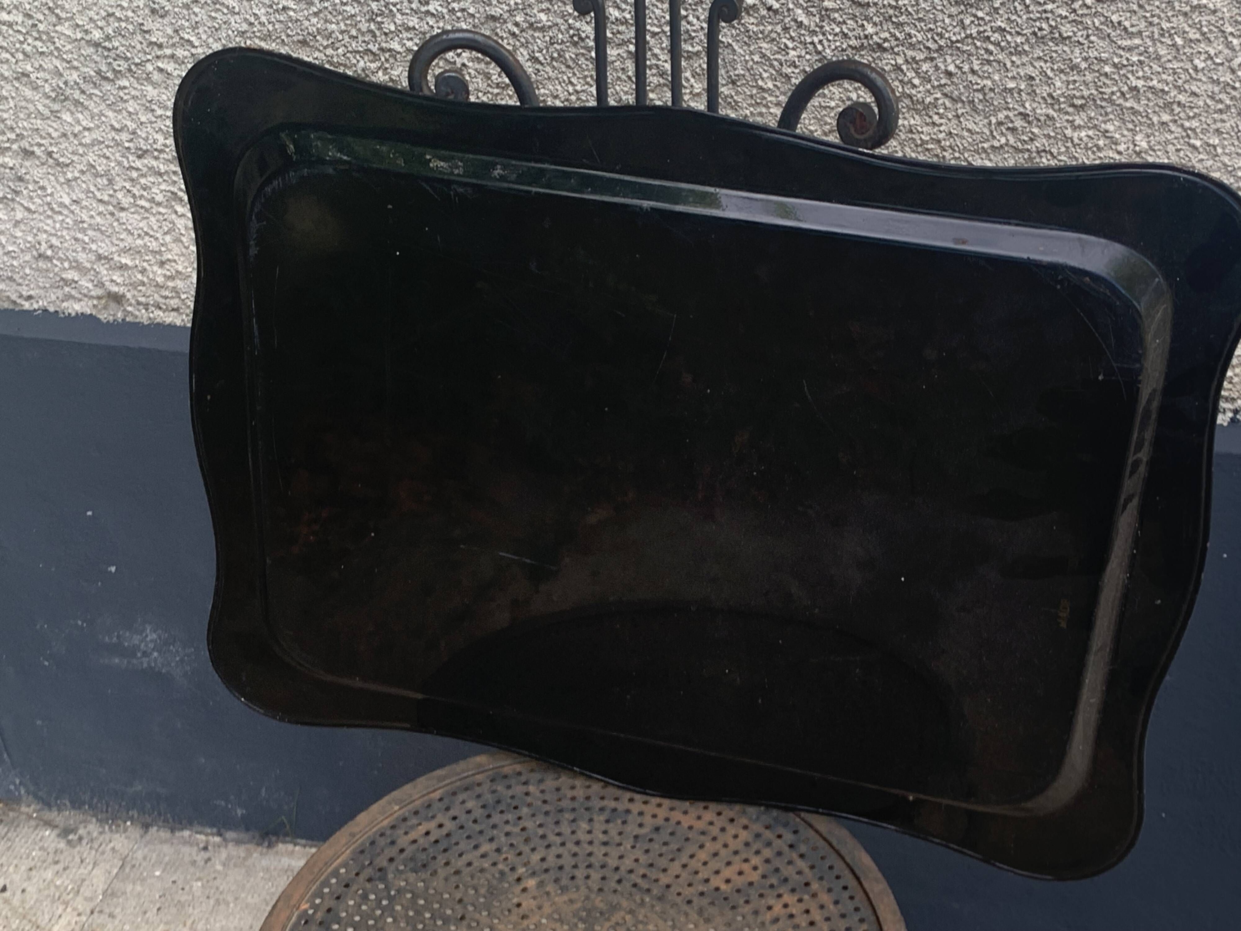 Black rectangular platter with hand-painted flowers, vintage and bohemian.