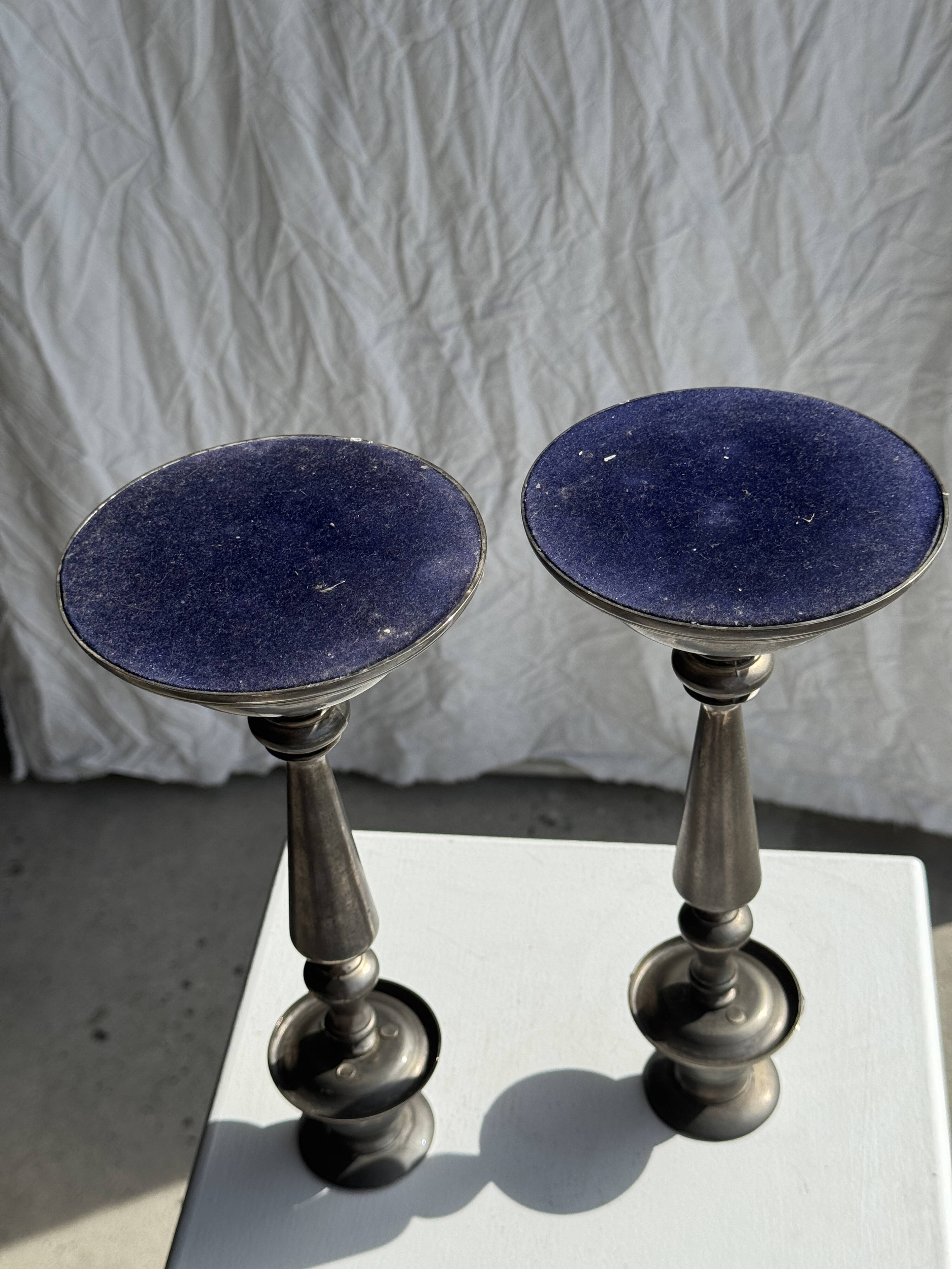 Two large antique silver-plated metal candlesticks, H30