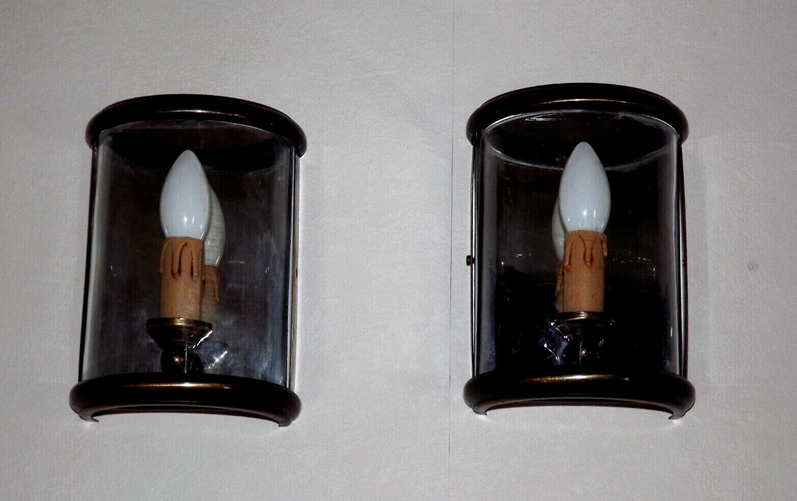 Pair french country brass & curved glass wall lights mirrored back plate 3965