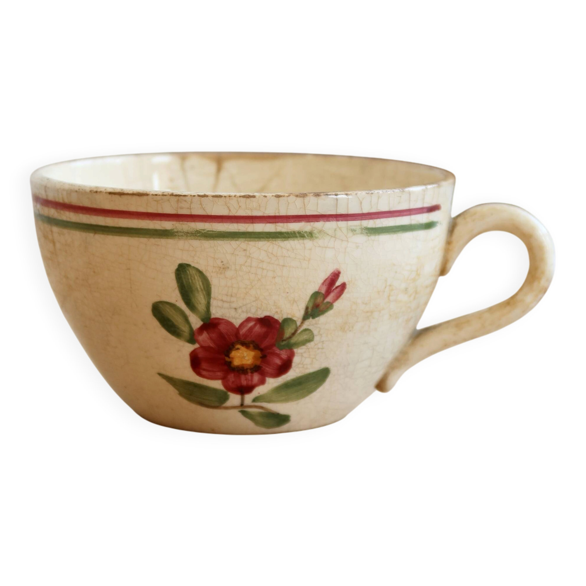 Antique ironstone coffee cup, patinated Sarreguemines – Floral decoration