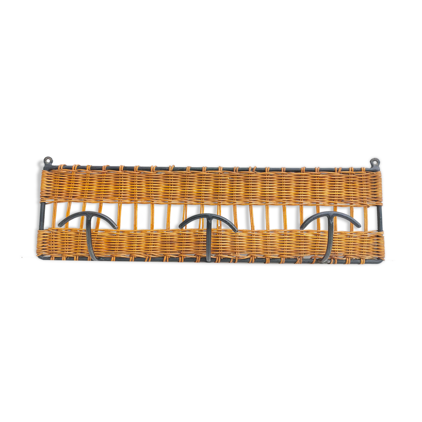 Wall-mounted coat rack with 3 patères in iron and rattan 60s