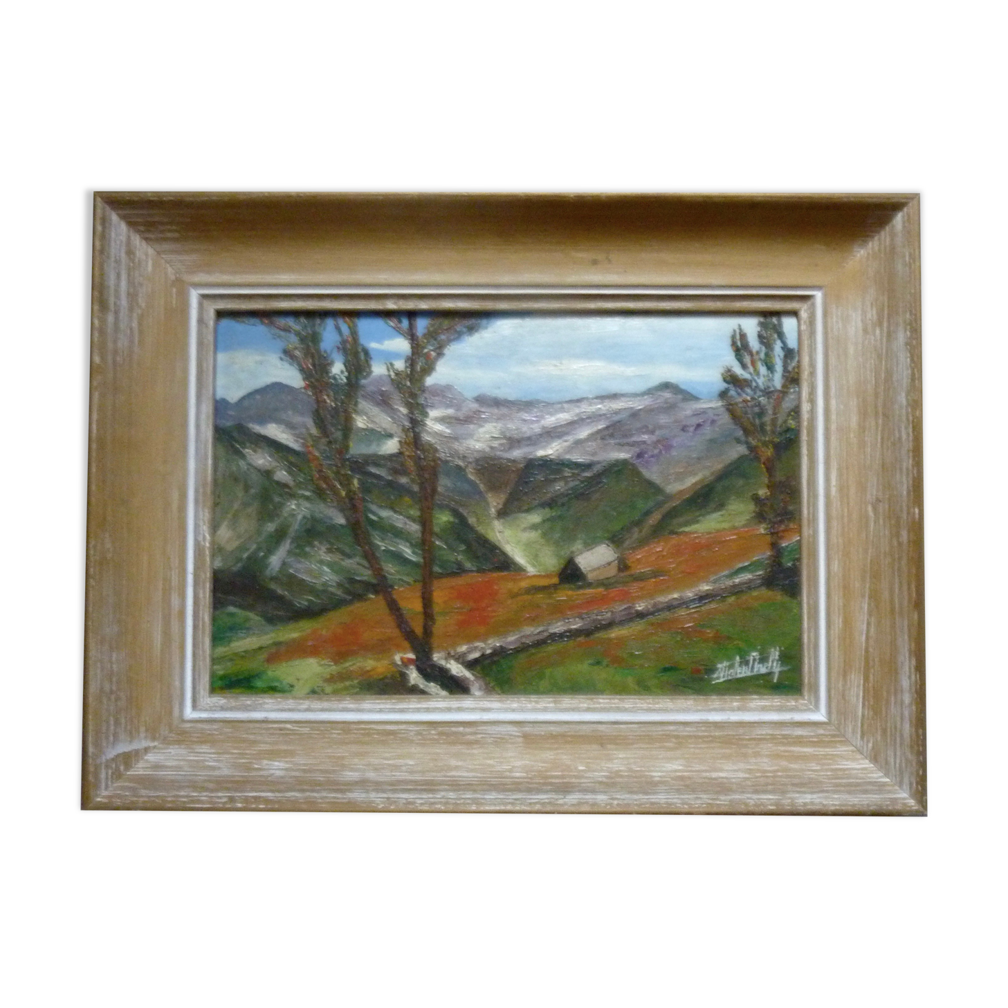 Painting, oil on panel, mountain landscape, signed