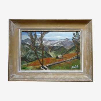 Painting, oil on panel, mountain landscape, signed