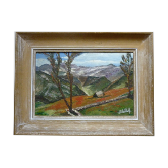 Painting, oil on panel, mountain landscape, signed