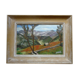 Tableau, huile sur panneau, paysage de montagne, signé