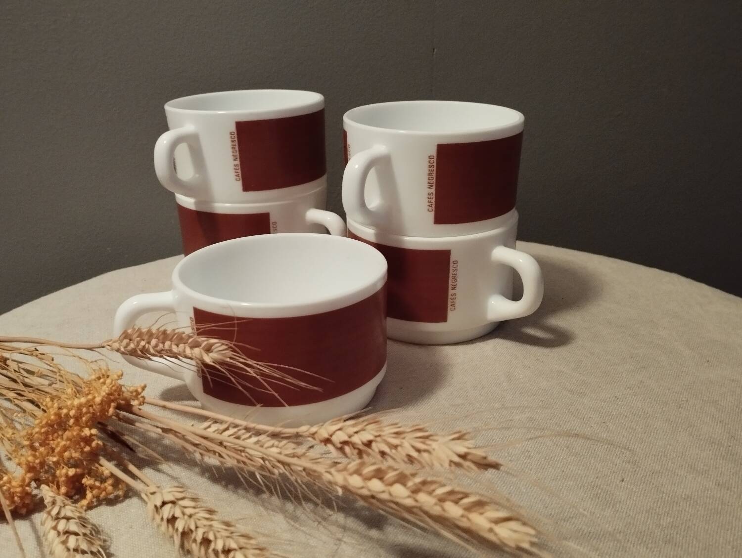 Set of 5 brown/white Negresco coffee cups, in opal glass from Arcopal, 1970