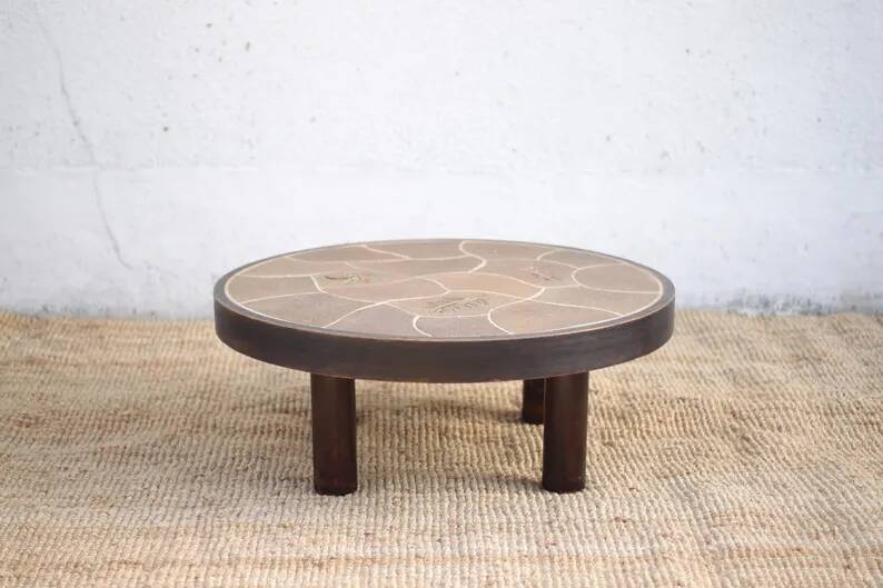Coffee table signed Barrois, wood and stoneware table with plant decoration, France, interior decor.