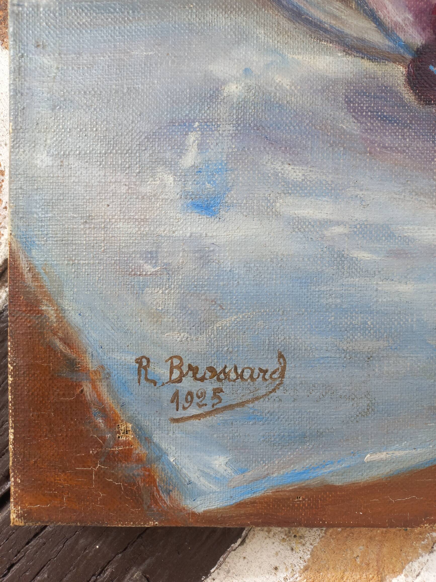 Still life painting, oil on canvas, with a bowl of grapes