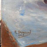 Still life painting, oil on canvas, with a bowl of grapes