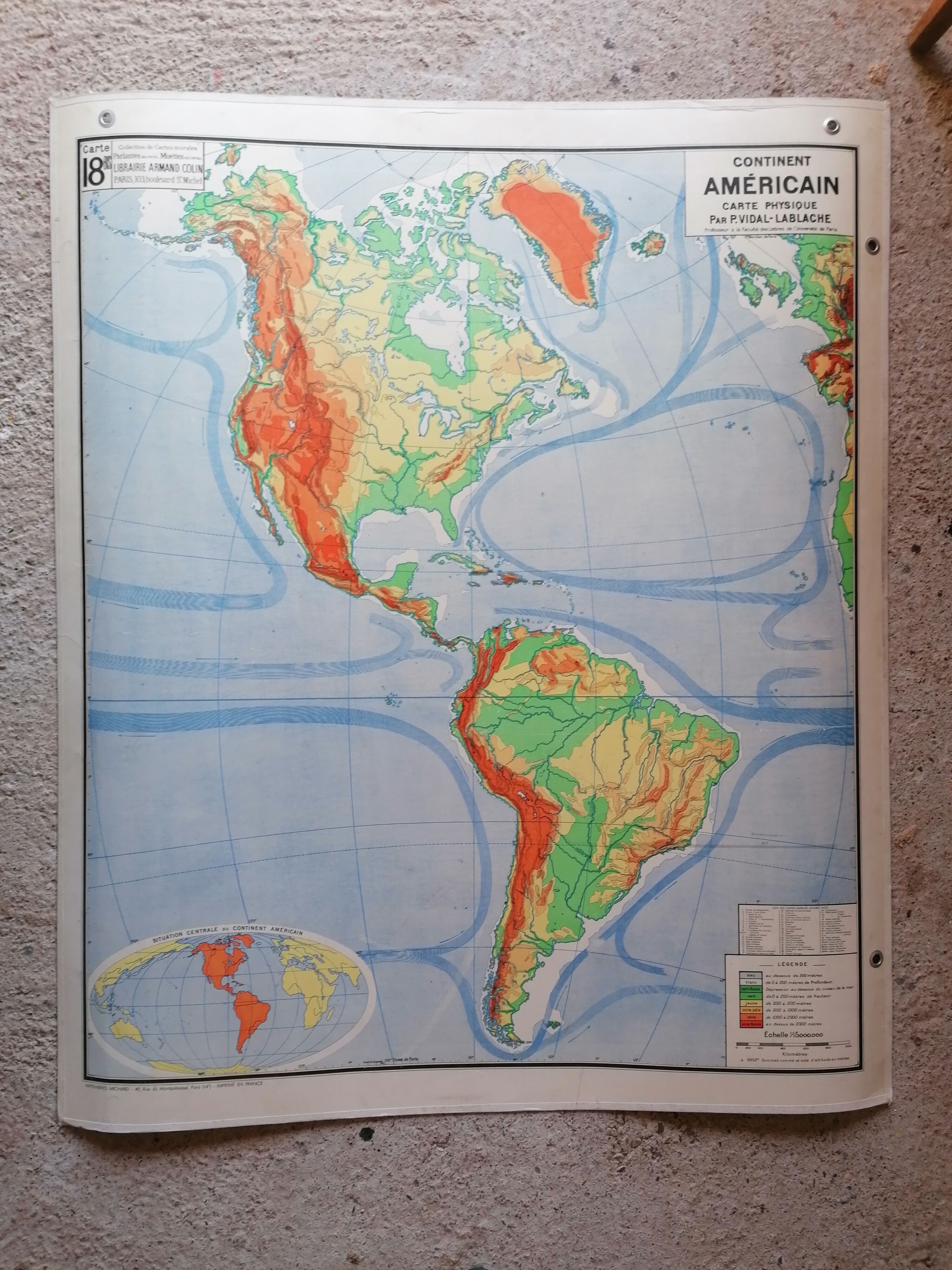 Old physical map American continent Vidal-Lablache