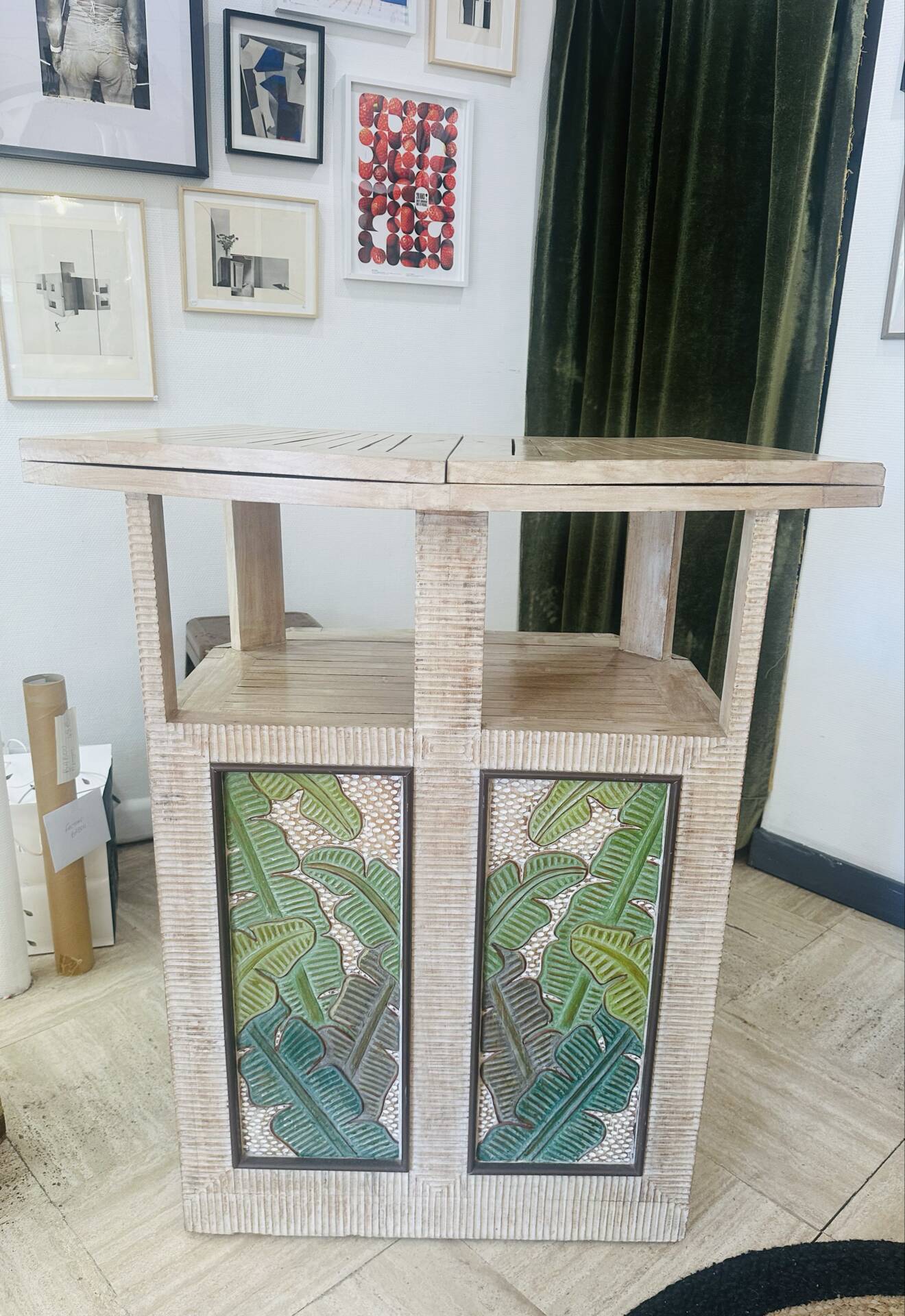 Vintage folding bar counter on wheels, wood.