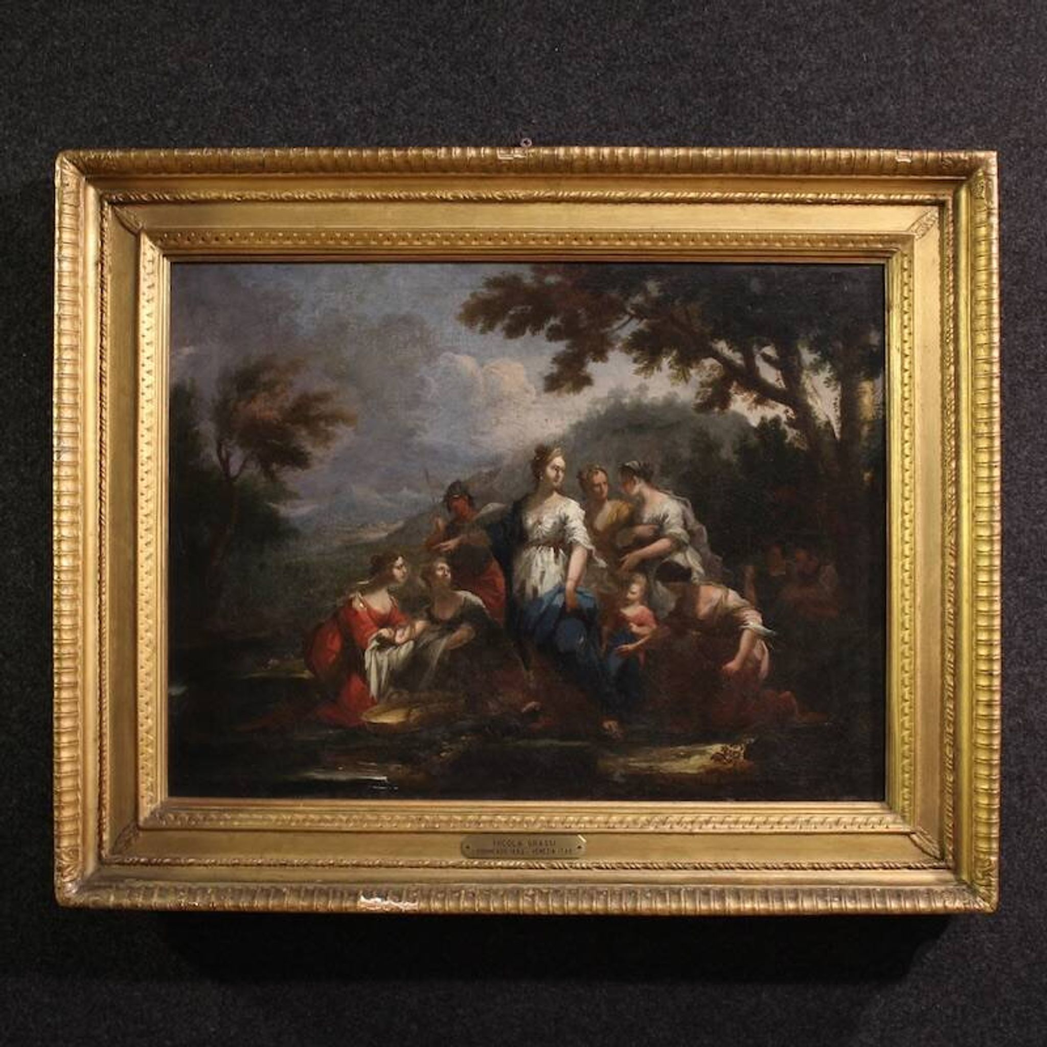 Antique Venetian painting from the 18th century, Moses saved from the water