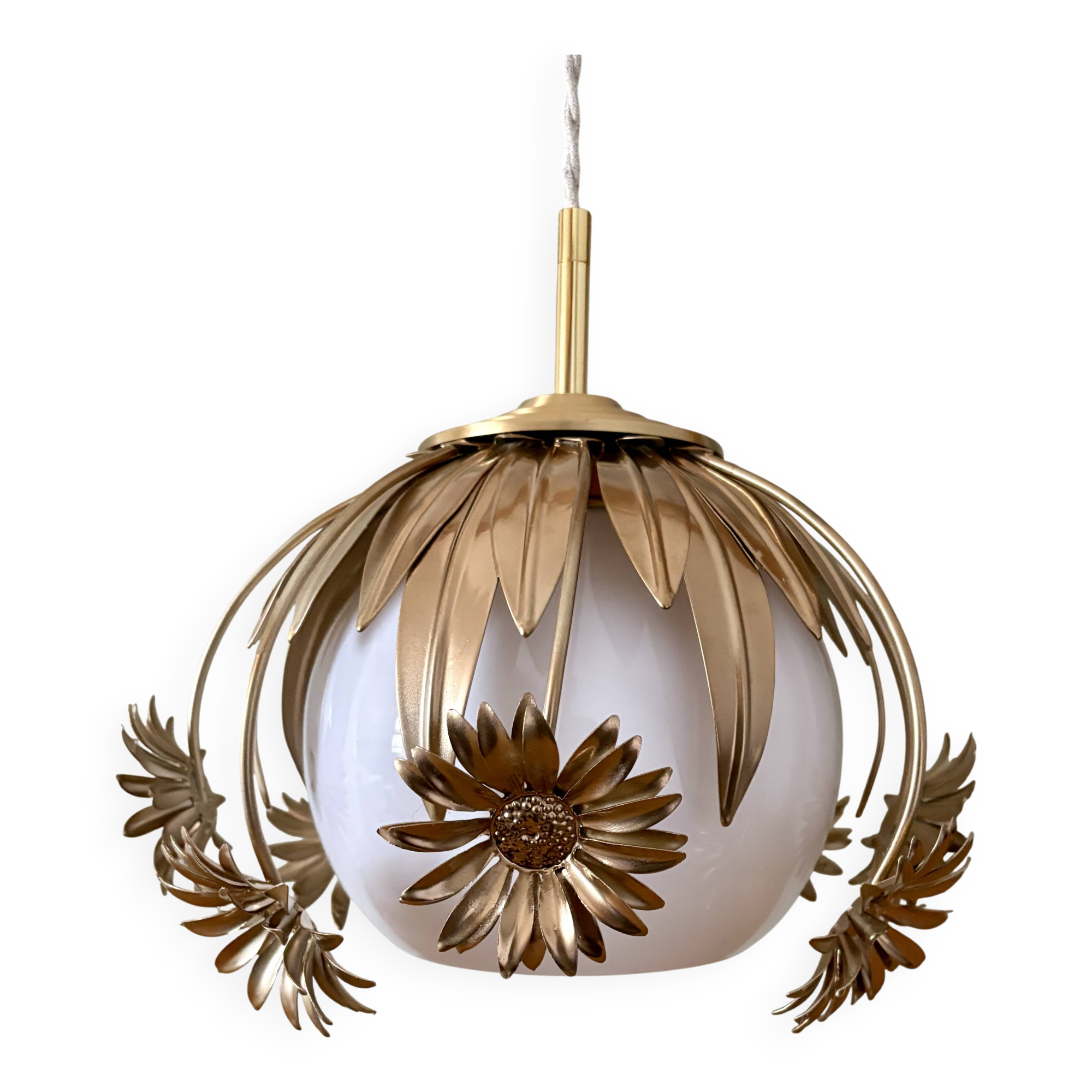 Pendant light in gilded metal and antique opaline globe