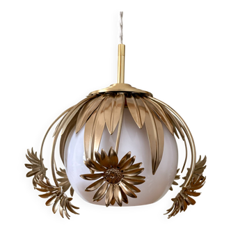 Pendant light in gilded metal and antique opaline globe