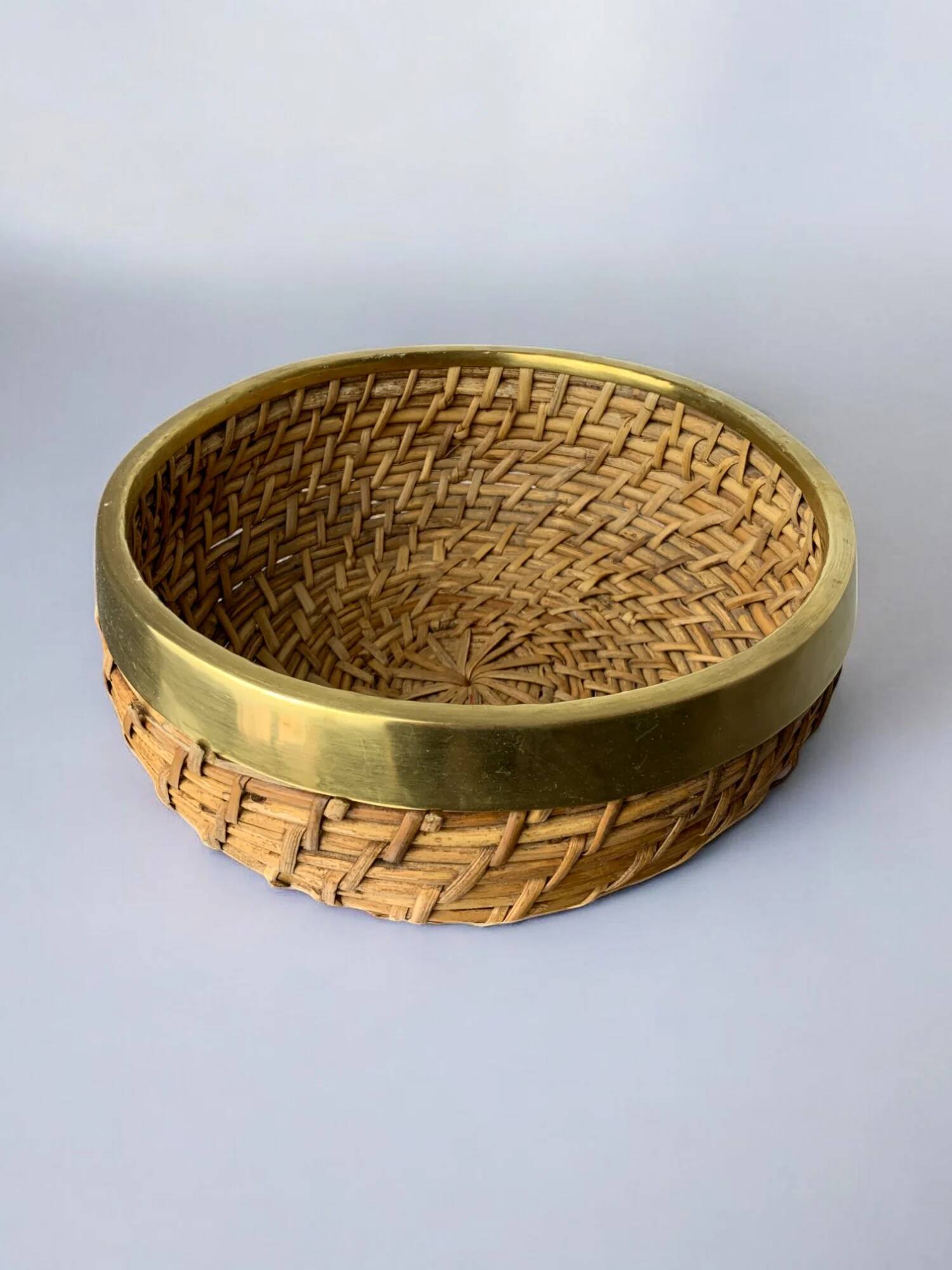 Circular rattan and brass basket, Italy, 1970s