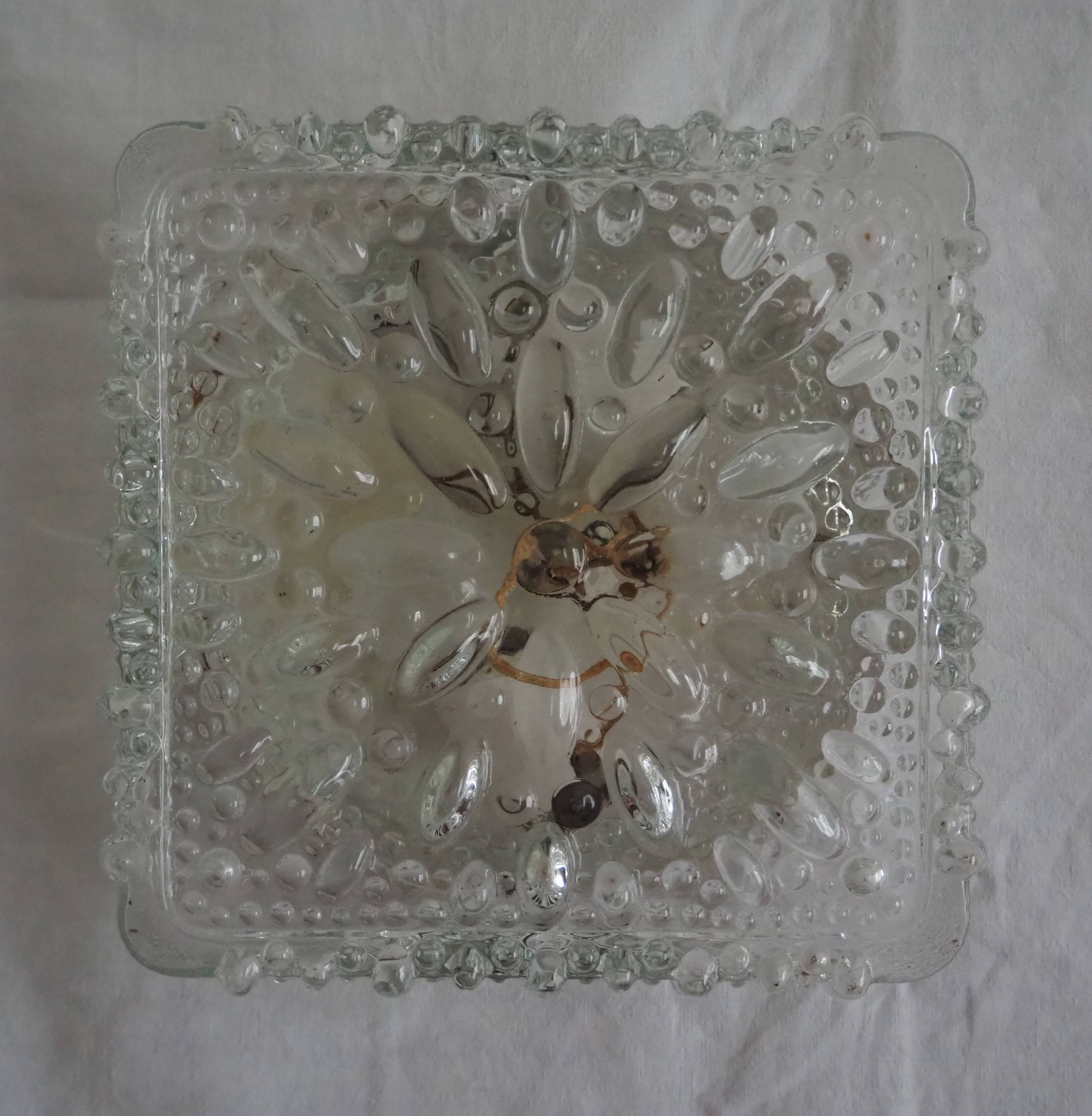 Transparent molded glass ceiling lamp – square shape – floral print.
