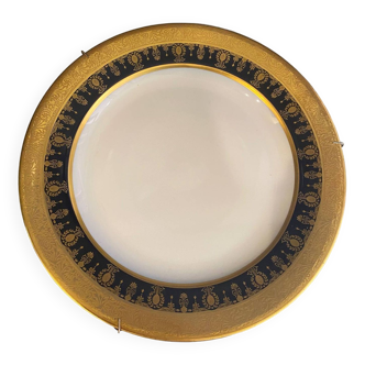 Assiette en porcelaine de Limoges lys d'or avec contour doré et bleu