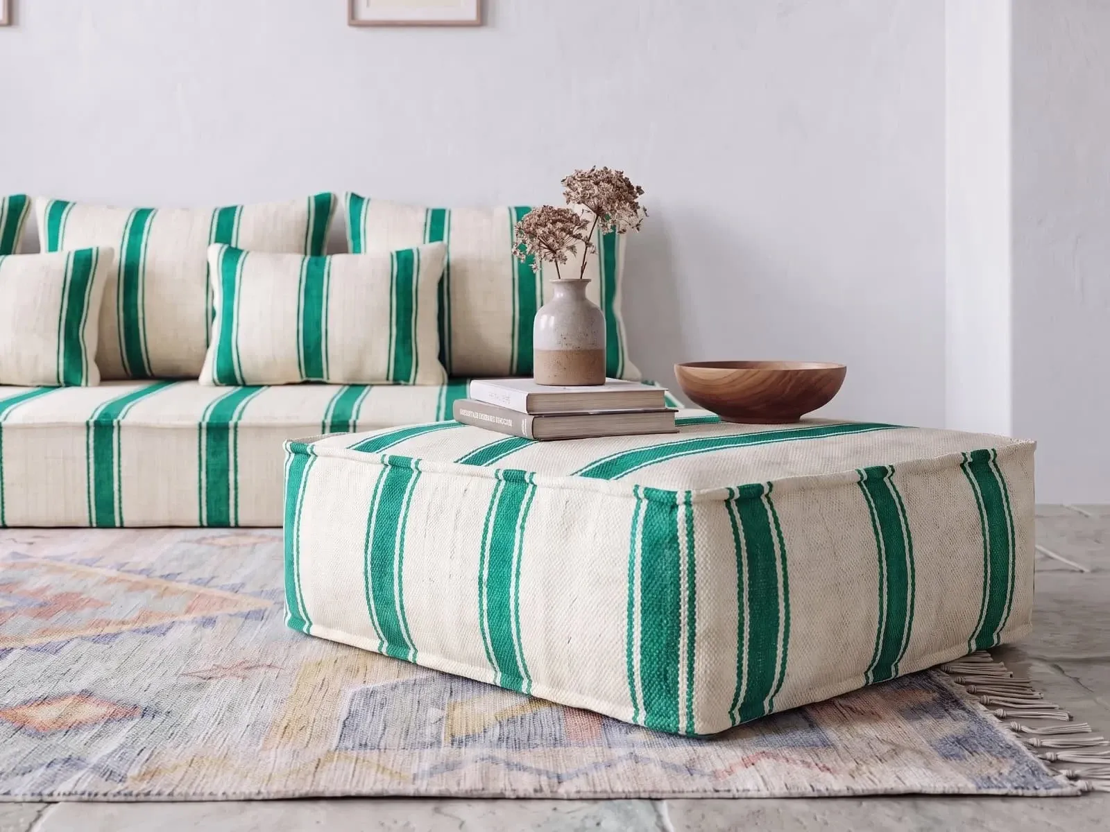 Emerald striped Moroccan living room set with pouf.