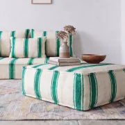 Emerald striped Moroccan living room set with pouf.