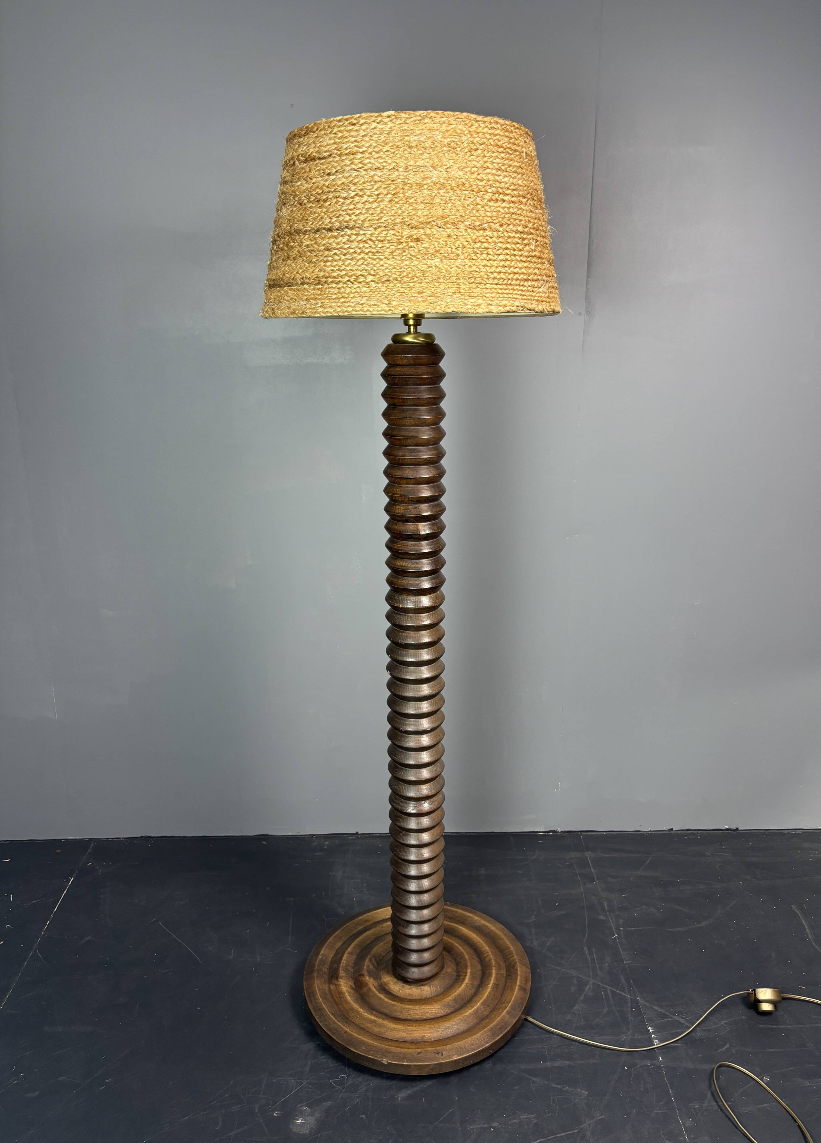 Midcentury brutalist chunky wood turned floor lamp, Charles Dudouyt style.