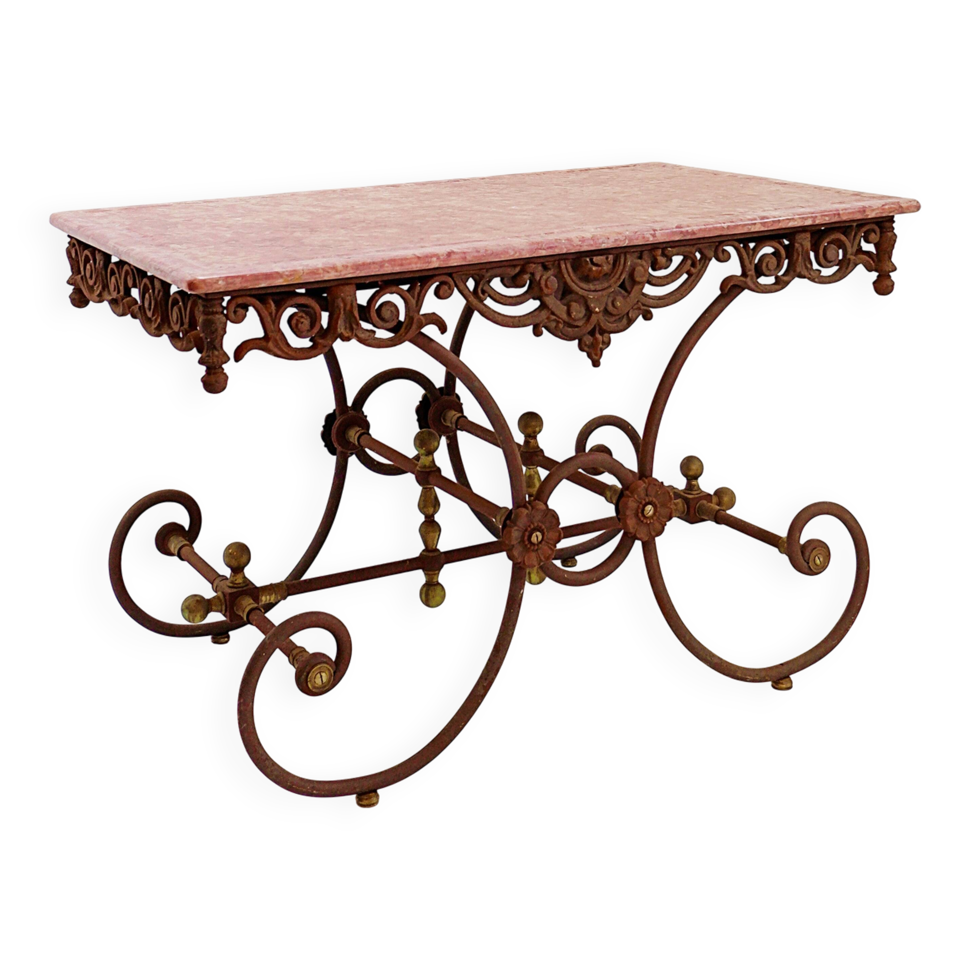 Large 19th-century French butcher's table in wrought iron and red marble