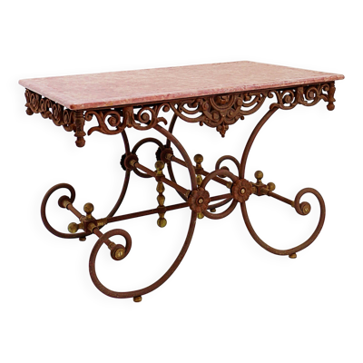 Grande table de boucher française du 19ème siècle en fer forgé et marbre rouge
