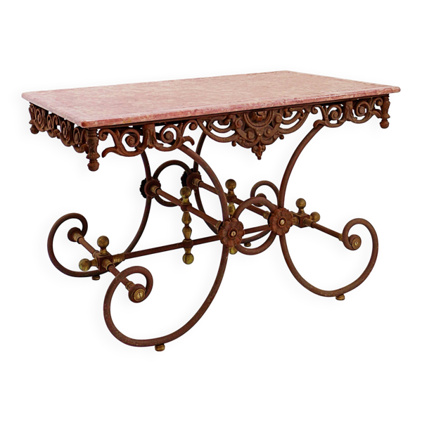 Grande table de boucher française du 19ème siècle en fer forgé et marbre rouge
